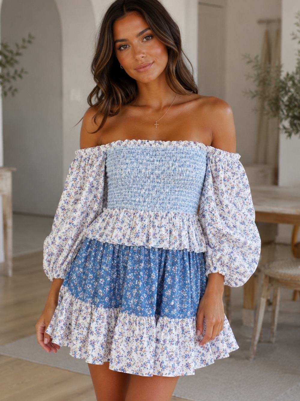 LoveShackFancy NWOT Shaw Large Blue Micro Mini Dress Floral Tiered Tunic - Picture 5 of 16